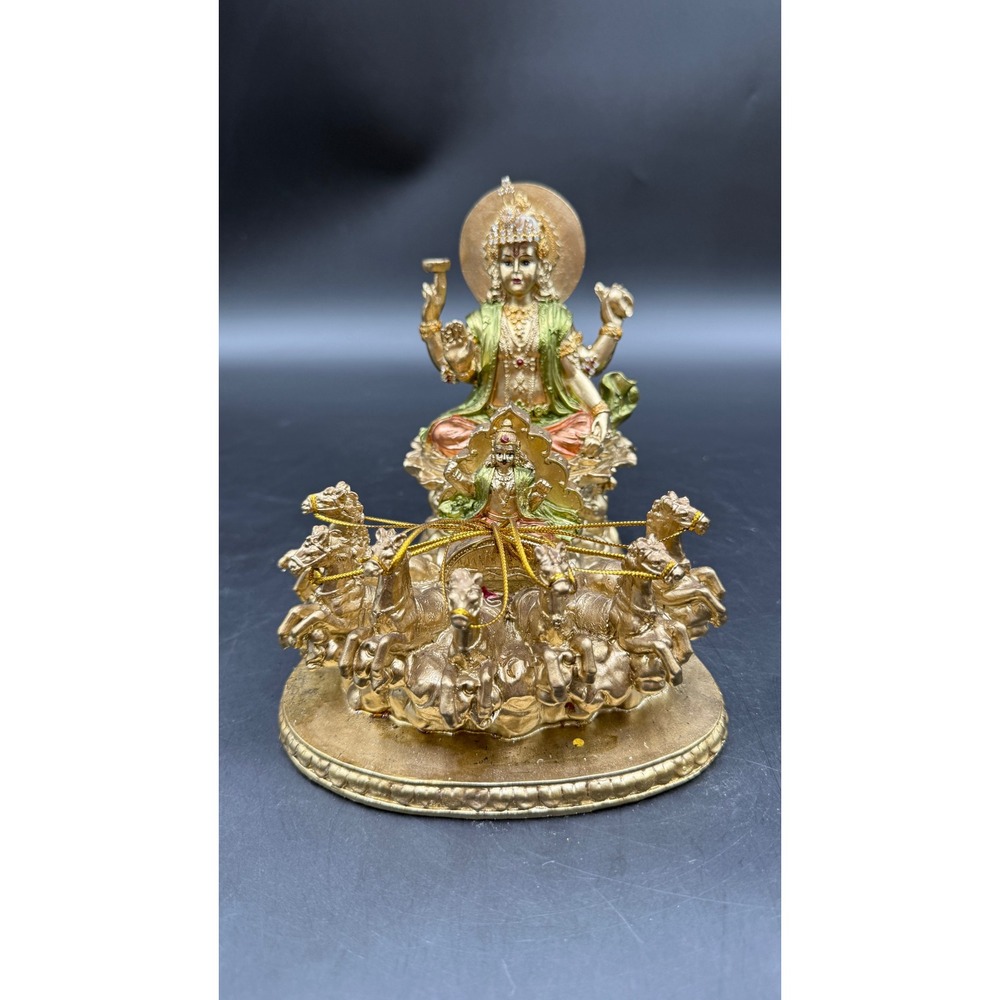 Surya Dev Sun God Statue Hindu Deity Chariot 7 Horses Gold Tone Figurine 7.5in